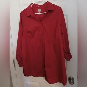 Chico's Red Button Down Tunic Wrinkle Resistant Large Chico's 2 Tab Long Sleeves